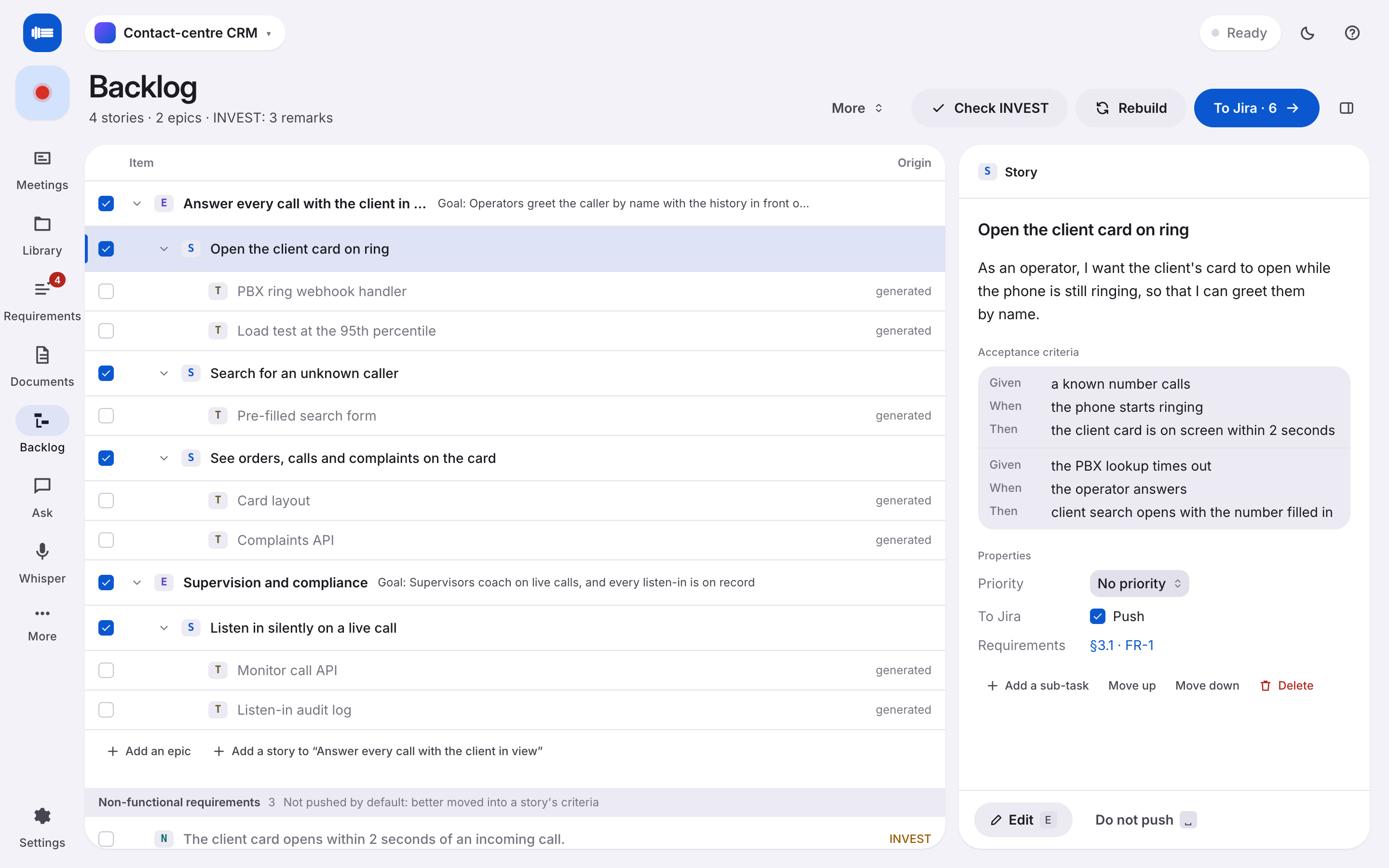 The backlog: epics and stories ready for Jira