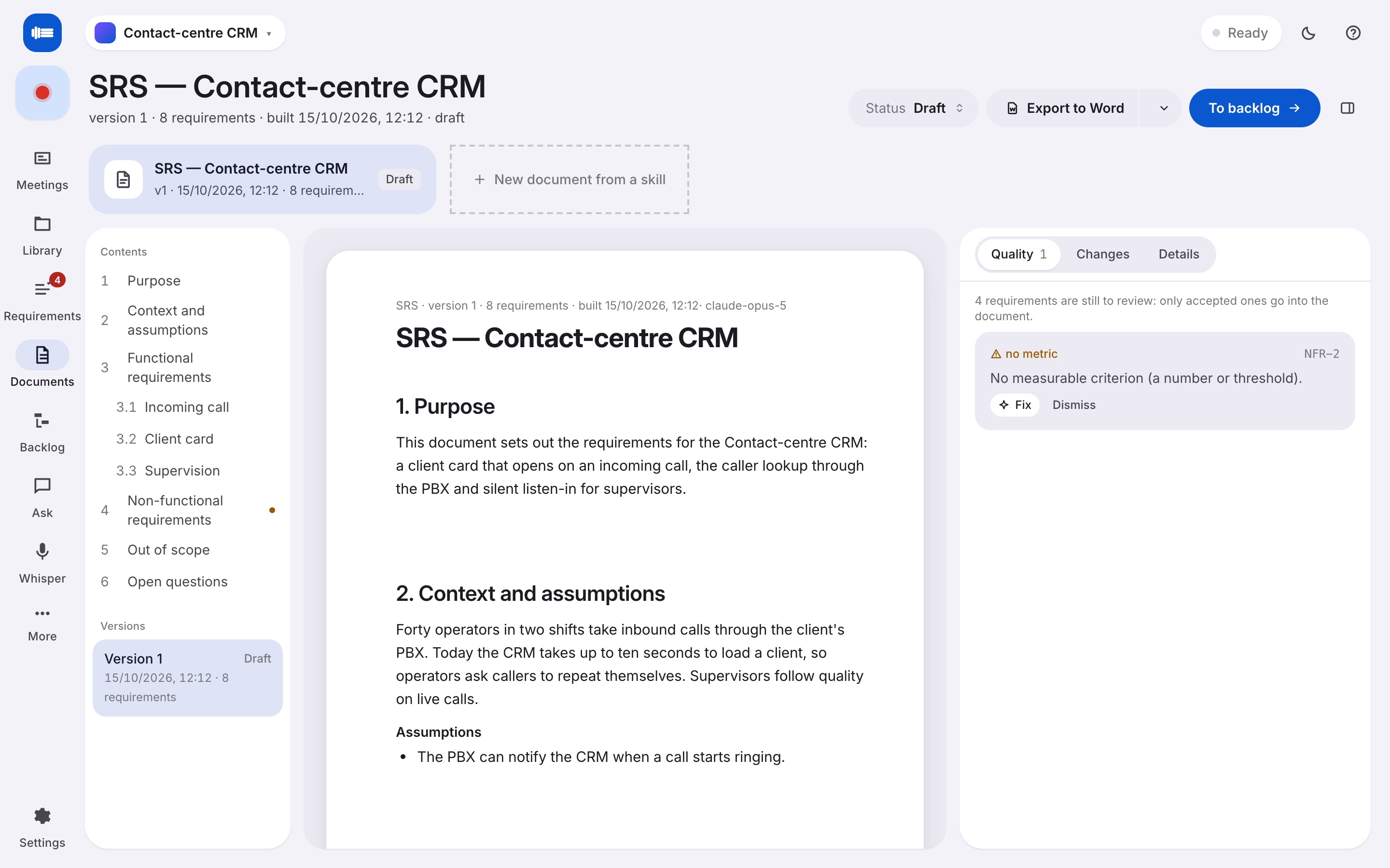A specification document built from the requirements