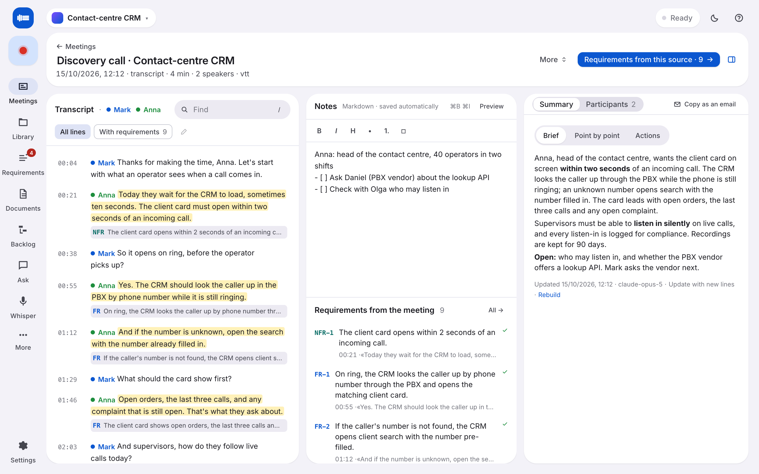 The meeting page in Dictum: the transcript on the left, the recap and the requirements on the right