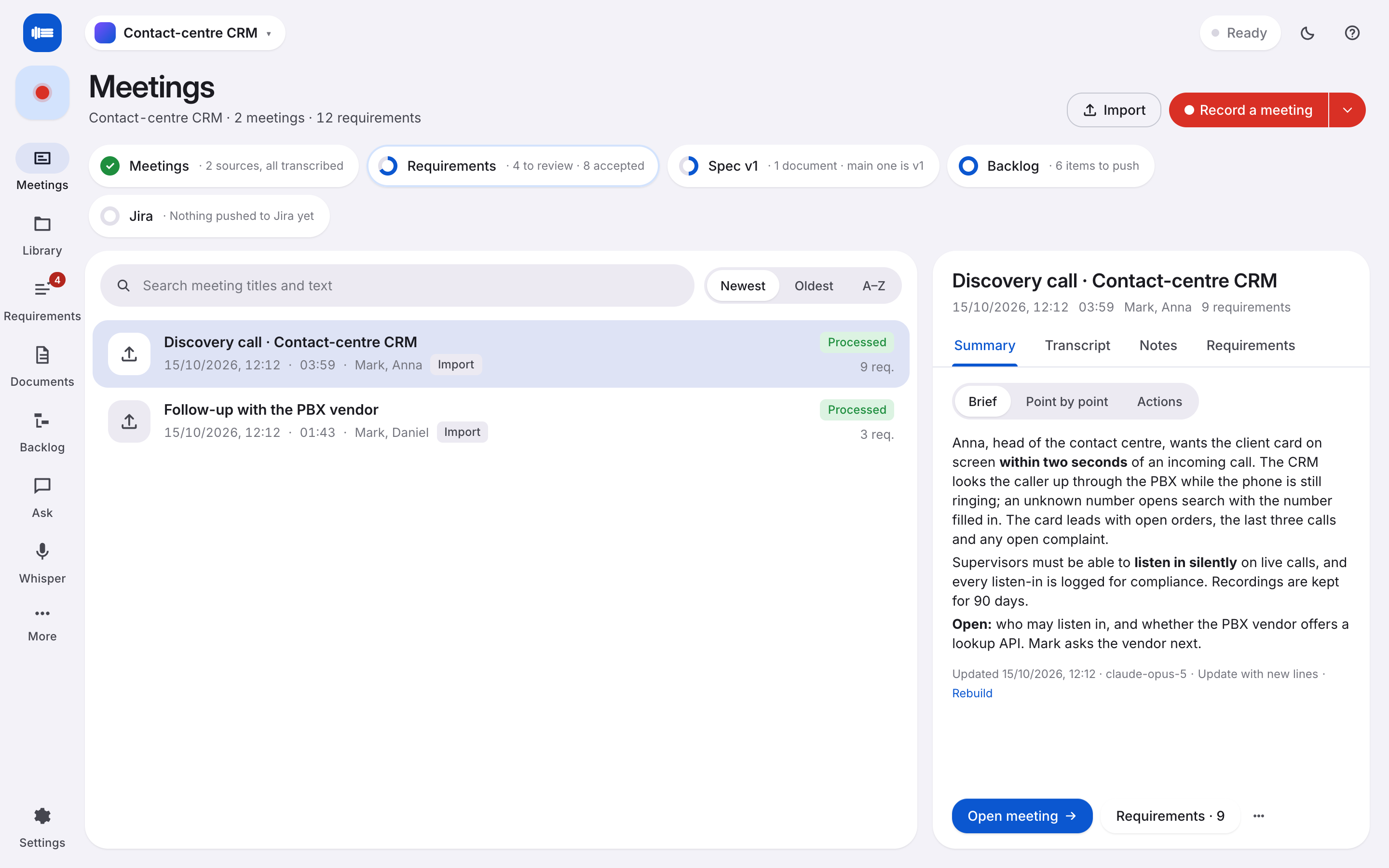 Meetings home: the list of recordings and imports, a details panel with the recap