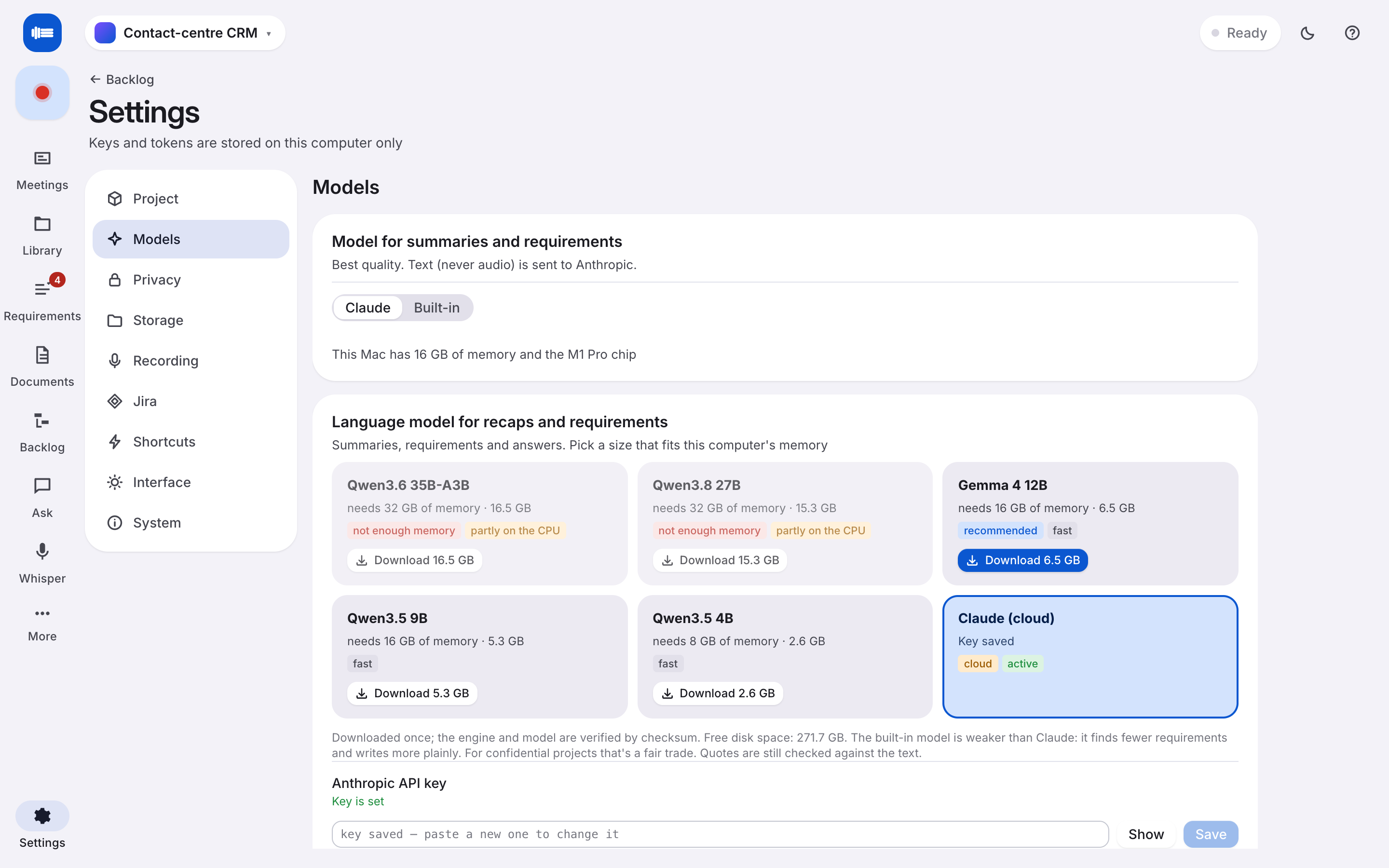 Settings: speech and language model cards with what fits this machine