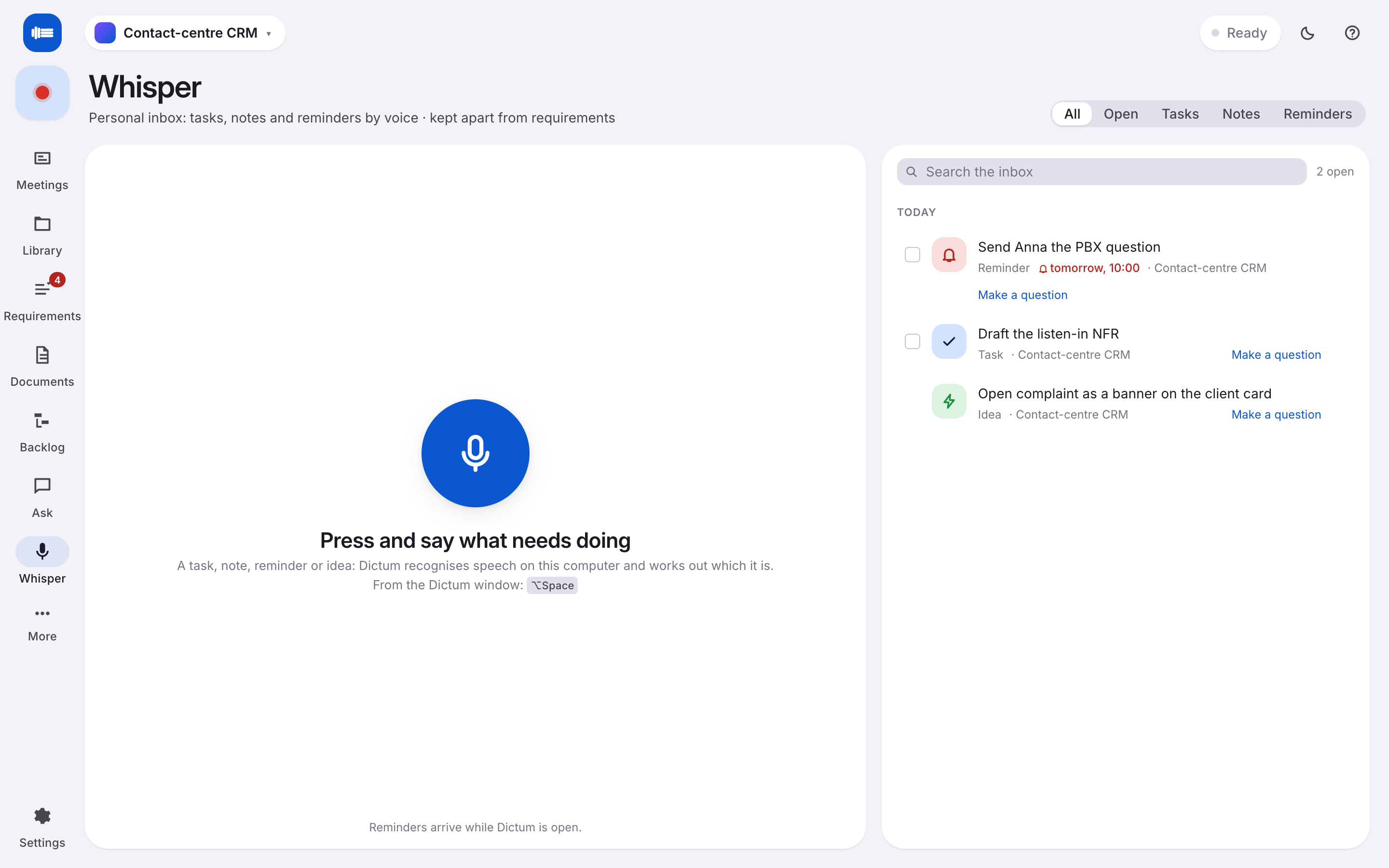 Whisper: a personal inbox of reminders, tasks and ideas said out loud